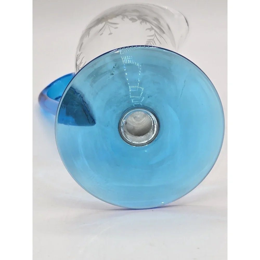 Steuben Celeste Blue Art Glass Creamer Acid Etched‎ Floral Applied Handle 7